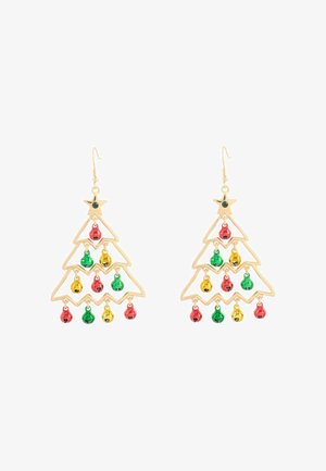 Les boucles d'oreilles en métal doré en forme de sapin de Noël présentent des clochettes colorées rouges, vertes et jaunes, avec un accent en forme d'étoile au sommet et un design en zigzag.