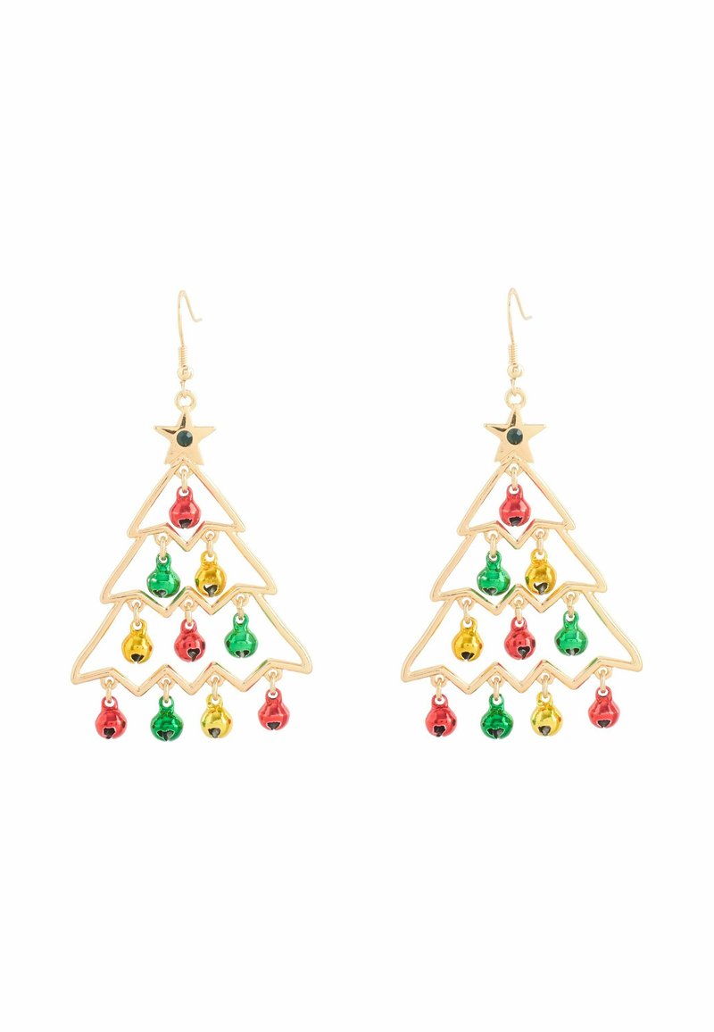 Ohrringe in Goldfarbe in Form eines Weihnachtsbaums mit bunten roten, grünen und gelben Glocken, einem Sternakzent an der Spitze und einem Zickzack-Design.