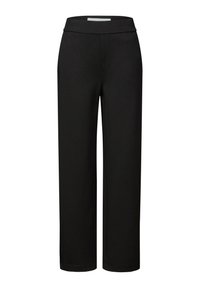 Zwarte wijde broek met een zachte textuur, voorzien van een eenvoudige tailleband en zonder decoratieve elementen. Tijdloos en veelzijdig design.