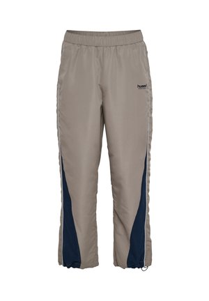 Szare spodnie sportowe z oddychającego materiału, z elastycznym pasem i granatowymi bocznymi panelami. Posiadają logo i regulowane mankiety.