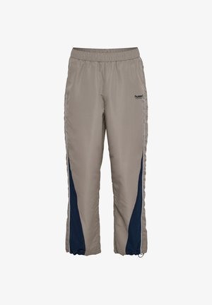 Szare spodnie sportowe z oddychającego materiału, z elastycznym pasem i granatowymi bocznymi panelami. Posiadają logo i regulowane mankiety.