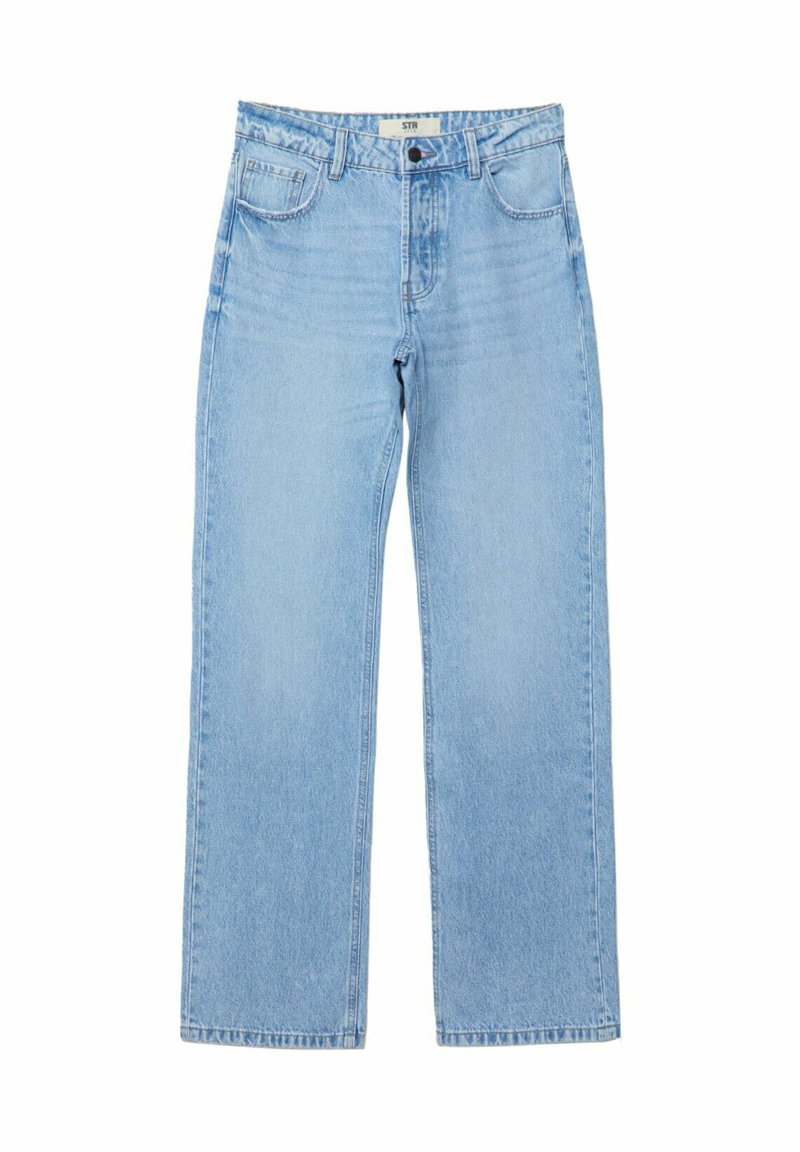 Jeans dritti di colore blu chiaro in denim, con cinque tasche, passanti per la cintura, chiusura con un bottone e sottili dettagli abrasivi.