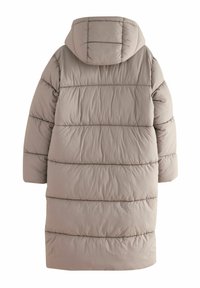 Puffermantel in hellbeige mit Kapuze, mit einem gesteppte Design und horizontalen Abschnitten. Weicher, strukturierter Stoff mit lässiger Form.