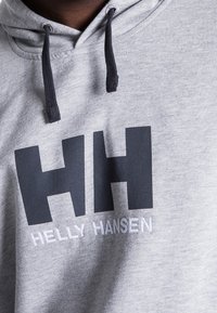 Felpa grigia chiara con cappuccio dotata di un grande logo navy "HH" e la scritta "HELLY HANSEN" ricamata in bianco sottostante. Stringi in grigio scuro.