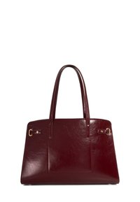 Burgundy leather tote bag with smooth texture, structured shape, two long handles, and a front pocket featuring gold-tone hardware.