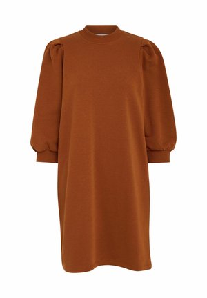 Rustfarvet kjole med høj hals, puffede ærmer og ribbede manchetter. Fremstillet af blødt stof, har den et afslappet, løstsiddende design.