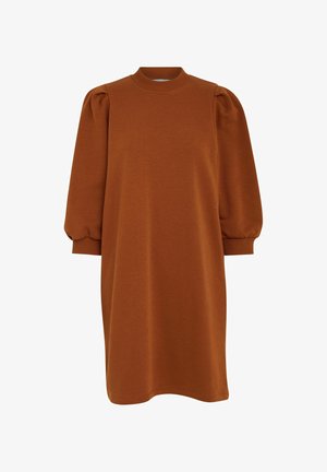 Rust-colored dress with a high neck, puffed sleeves, and ribbed cuffs. Made from soft fabric, features a relaxed, loose-fit design.