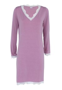 Nightdress a maniche lunghe in morbido tessuto lavanda con scollatura a V, decorato con pizzo bianco al colletto e ai polsini. Tessuto liscio, vestibilità rilassata.