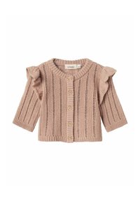 Stickad kardigan i mjuk rosa med korta volangärmar, med knappstängning framtill, strukturerade vertikala ränder och rund hals.