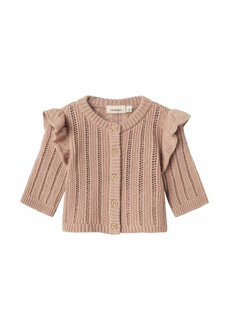Stickad kardigan i mjuk rosa med korta volangärmar, med knappstängning framtill, strukturerade vertikala ränder och rund hals.