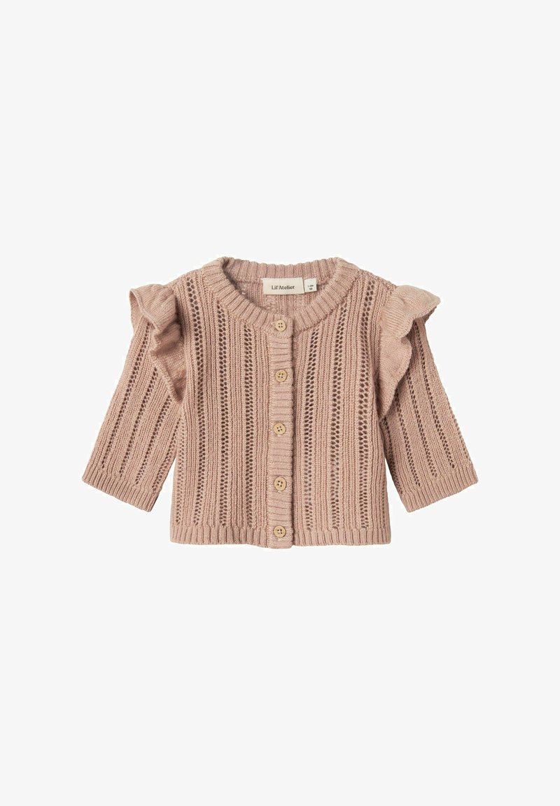Cardigan en tricot rose doux avec des manches courtes à volants, présentant un devant boutonné, des rayures verticales texturées et un col rond.