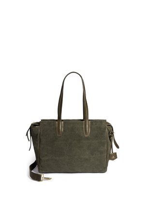 Olivgrüne, strukturierte Tragetasche mit zwei Griffen, einem abnehmbaren Schulterriemen und einem kleinen Markenetikett an der Seite.