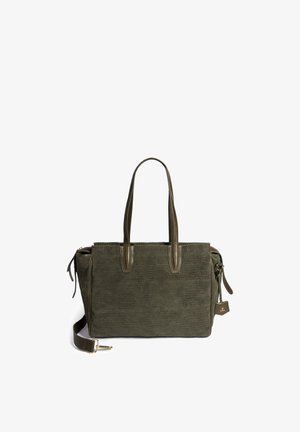 Olive green textured tote bag with two handles, a detachable shoulder strap, and a small branded tag on the side.
