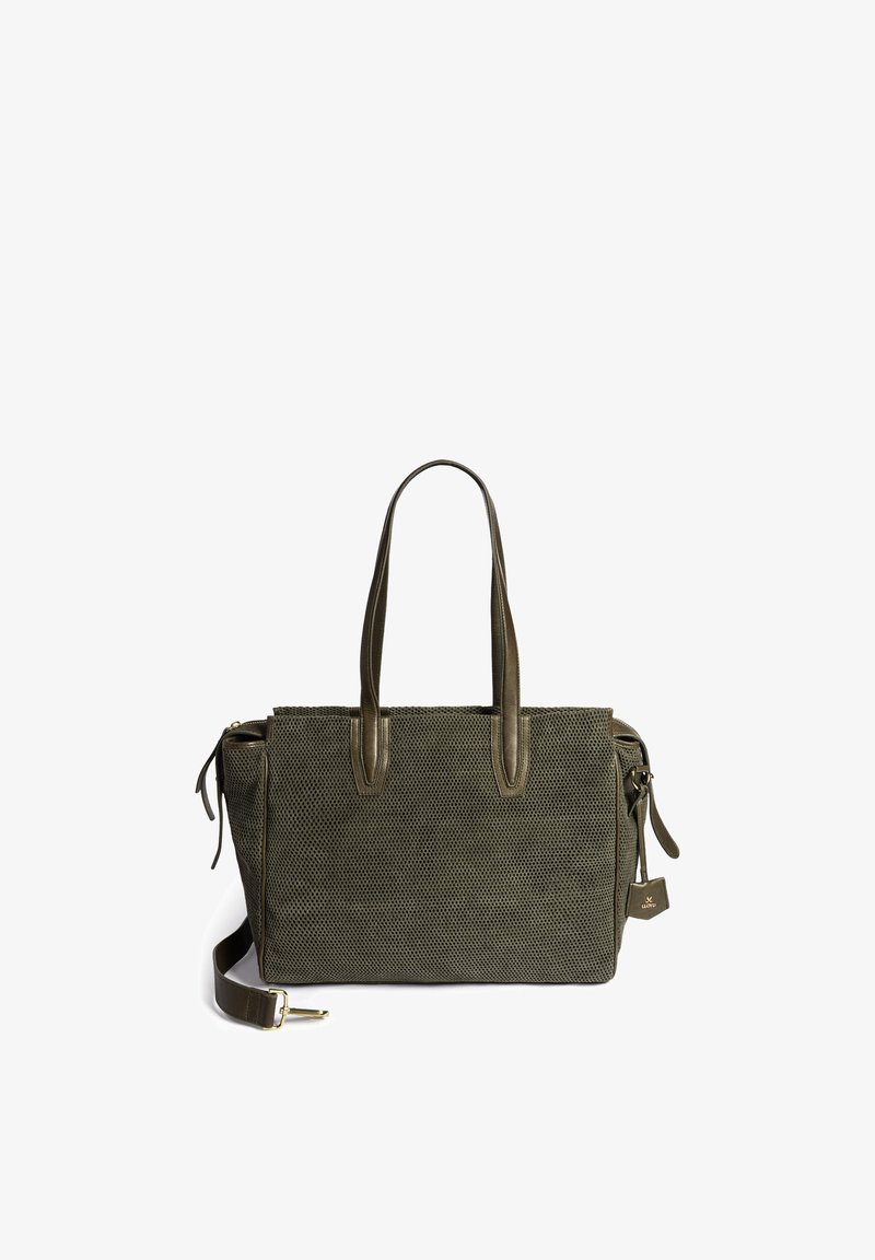 Olive green textured tote bag with two handles, a detachable shoulder strap, and a small branded tag on the side.