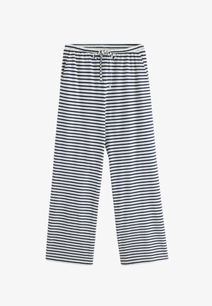 Pantaloni a palazzo a righe blu navy e bianche, con vita elasticizzata e coulisse, realizzati in un tessuto morbido e leggero.