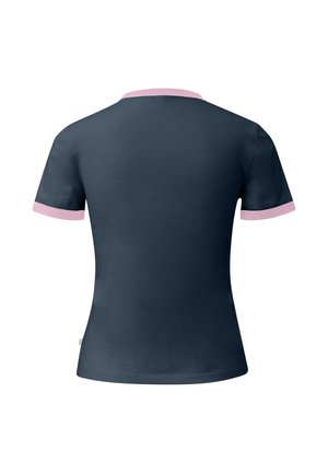 Chemise ajustée à manches courtes bleu marine avec finition rose sur le col et les bords des manches, vue de dos.