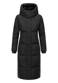 Lang, sort hjemmesko med hætte, der har et quiltet mønster, snøre-lukninger og elastiske manchetter for en tætsiddende pasform.