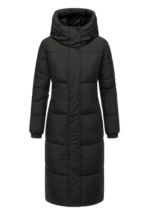 Lang, sort hjemmesko med hætte, der har et quiltet mønster, snøre-lukninger og elastiske manchetter for en tætsiddende pasform.