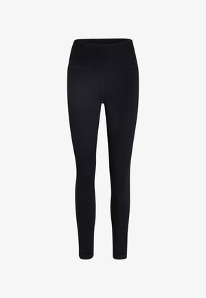 Čierne legíny s vysokým pásom a plnou dĺžkou, s hladkým pásom bez viditeľných log alebo vzorov.