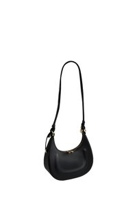 Sac à épaule synthétique noir avec une forme courbée, une texture lisse et une longue bandoulière. Doté d'une fermeture éclair et d'accents en métal doré.
