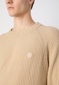 Beige knitted sweater featuring a ribbed crew neck, textured fabric, and a small round logo on the left chest. Rectangular fit with raglan sleeves.
