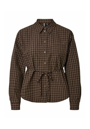 Chemise à manches longues boutonnée à carreaux marron, avec col et ceinture nouée à la taille à l'avant, dotée d'une poche poitrine et de manches retroussées.