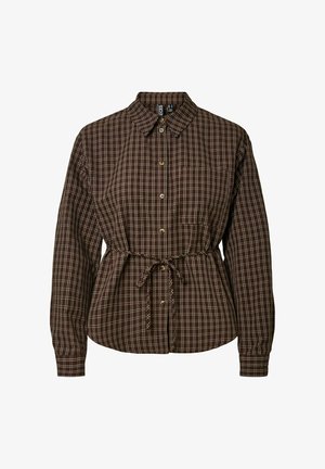 Chemise à manches longues boutonnée à carreaux marron, avec col et ceinture nouée à la taille à l'avant, dotée d'une poche poitrine et de manches retroussées.
