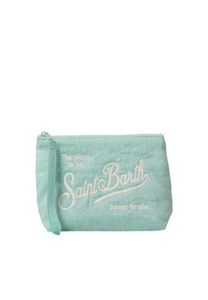 Bustina azzurra con cerniera, cinturino da polso e testo bianco con la scritta "The place to be Saint Barth Summer Paradise."