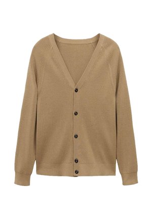 Cardigan marrón de canalé con cuello en V, mangas largas y seis botones en la parte delantera. Tejido de punto texturizado con un corte relajado.