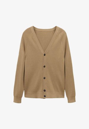 Bruine geribde cardigan met een V-hals, lange mouwen en zes knopen aan de voorkant. Getextureerde gebreide stof met een ontspannen pasvorm.