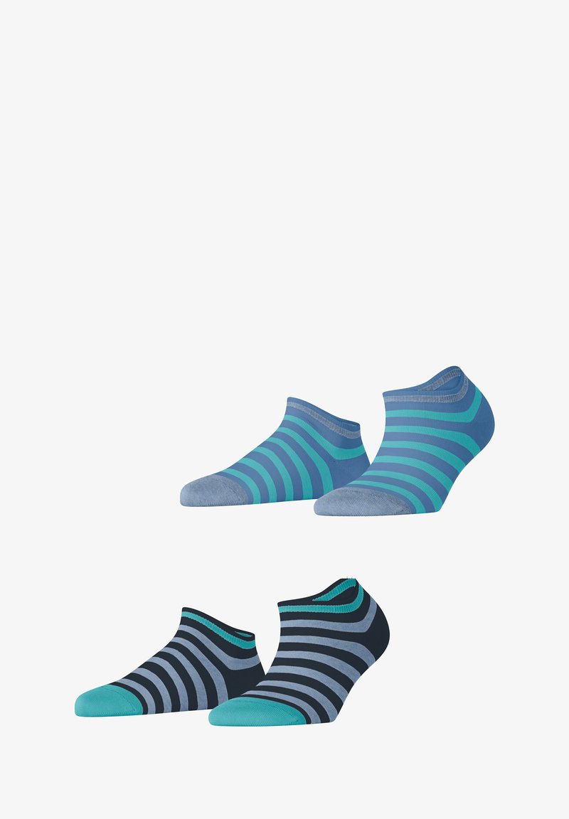 enkelsokken met horizontale strepen in blauw, teal en grijs. Zacht, rekbaar materiaal met versterkte teen- en hakgebieden.