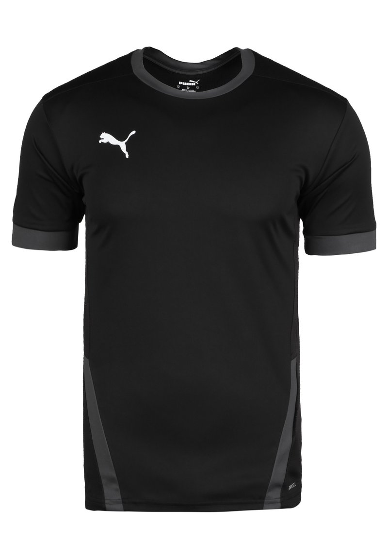 Camiseta deportiva negra hecha de tejido suave, con detalles en gris en las mangas y los lados, y un logo blanco en el pecho.