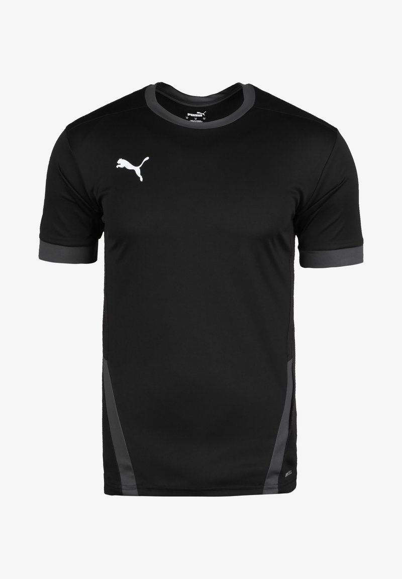 Camiseta deportiva negra hecha de tejido suave, con detalles en gris en las mangas y los lados, y un logo blanco en el pecho.