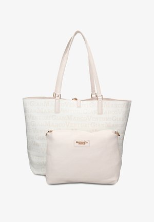 Borsa tote color crema con motivo ripetuto del logo "Gian Marco Venturi" e pochette piccola abbinata con piastra in metallo con logo.