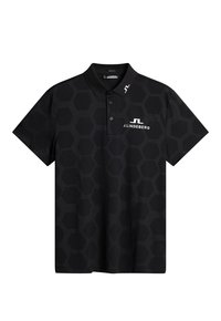 Black polo shirt with hexagonal pattern, short sleeves, and a collar. Features a white logo and text on the chest. Made of breathable material.