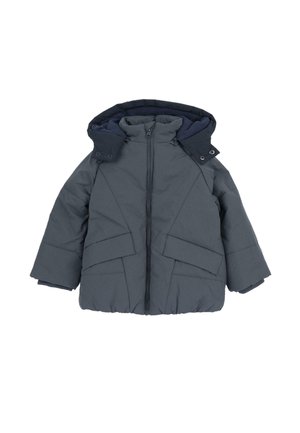 Giacca invernale imbottita per bambini di colore grigio scuro con zip frontale, due tasche a pattina inclinate e cappuccio attaccato con bottoni automatici.