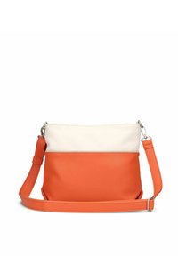 Crossbody-Tasche mit verstellbarem orangem Tragegurt, oranger Unterseite und off-weißem Oberteil mit Reißverschluss.