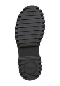 Semelle de chaussure en caoutchouc noir avec un motif texturé et nervuré et un logo circulaire. Comprend un talon légèrement surélevé et un large profil pour l'adhérence.