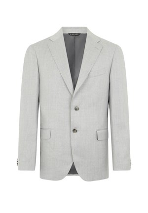 Blazer grigio chiaro realizzato in tessuto testurizzato, design monopetto, revers a tumore, due tasche frontali e chiusura a due bottoni.