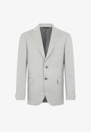 Lichtgrijze blazer van textuurstof, met een enkelvoudige knoopsluiting, revers, twee voorzakken en een twee-knoopsluiting.