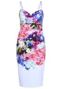 Floral print dress featuring a mix of pink, blue, and white flowers on a light background, with thin straps and a fitted silhouette.