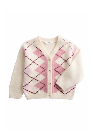 Cardigan crema con un motivo a rombi rosa e rosa chiaro, caratterizzato da scollo a V, maniche lunghe e cinque bottoni lungo il davanti.