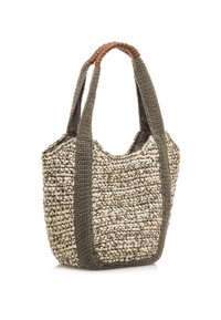 Bolso de crochet en beige y marrón, con una textura tejida gruesa, asas dobles y forro interior suave. Presenta un diseño espacioso con parte superior abierta.