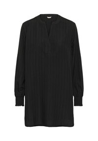 Čierna dlhá tunika s dlhým rukávom a véčkovým výstrihom, s rebrovanou textúrou, zdobená rúškami na zápästiach a voľným strihom. Textúrovaná tkanina pridáva jemný detail.