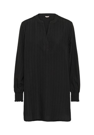 Tunic neagră cu mânecă lungă, decolteu în V și textură ribbată, având manșete plisate și un croi lejer. Materialul texturat adaugă un detaliu subtil.