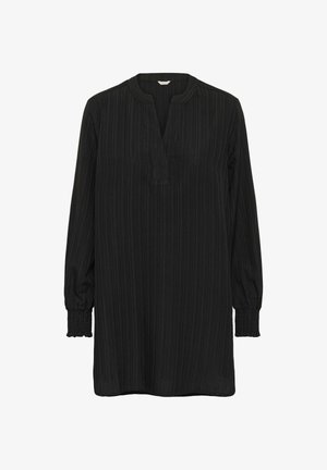 Melnas garām piedurknēm tunika ar V-izgriezumu un ribota tekstūra, ar savilktām aprocēm un brīvu piegriezumu. Tekstūrēta auduma dodat smalku akcentu.