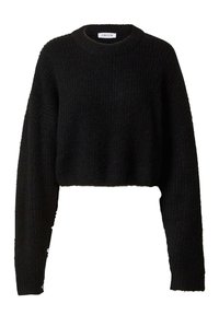 Schwarzer, kurzer Pullover mit rundem Ausschnitt, langen Ärmeln und einem strukturierten Strickmuster. Weicher Stoff mit lockerer Passform und minimalen Details.