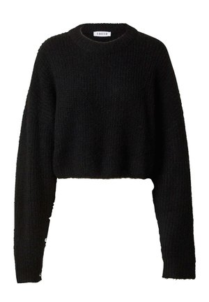 Pull noir court avec un col rond, des manches longues et un motif de tricot texturé. Tissu doux avec une coupe ample et des détails minimaux.