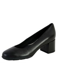 Pumps nere con tacco alto e punta tonda, realizzate in materiale sintetico liscio. Presentano un tacco basso e squadrato e una leggera lucentezza sulla superficie.