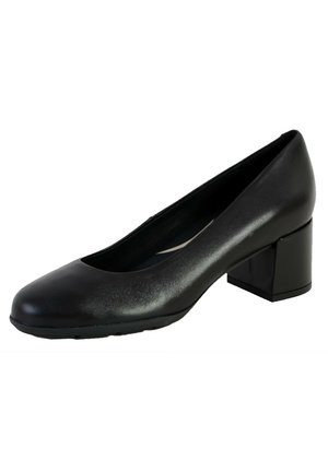 Pumps nere con tacco alto e punta tonda, realizzate in materiale sintetico liscio. Presentano un tacco basso e squadrato e una leggera lucentezza sulla superficie.